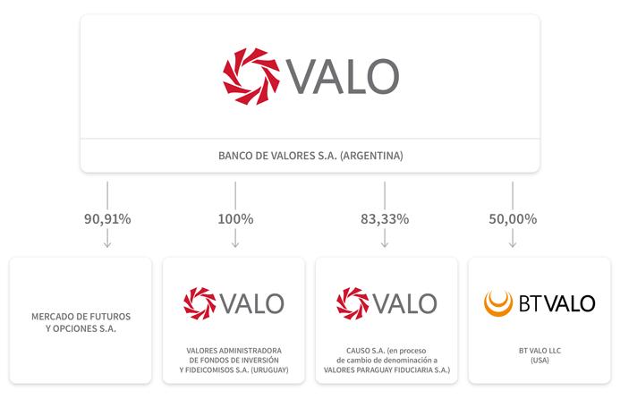 Banco de Valores S.A. posee el 90,91% de Mercado de Futuros y Opciones S.A., el 100% de Valores A.F.I.yF.S.A. (Uruguay), el 83,33% de CAUSO S.A. (Paraguay) y el 50% de BT VALO LLC (USA).