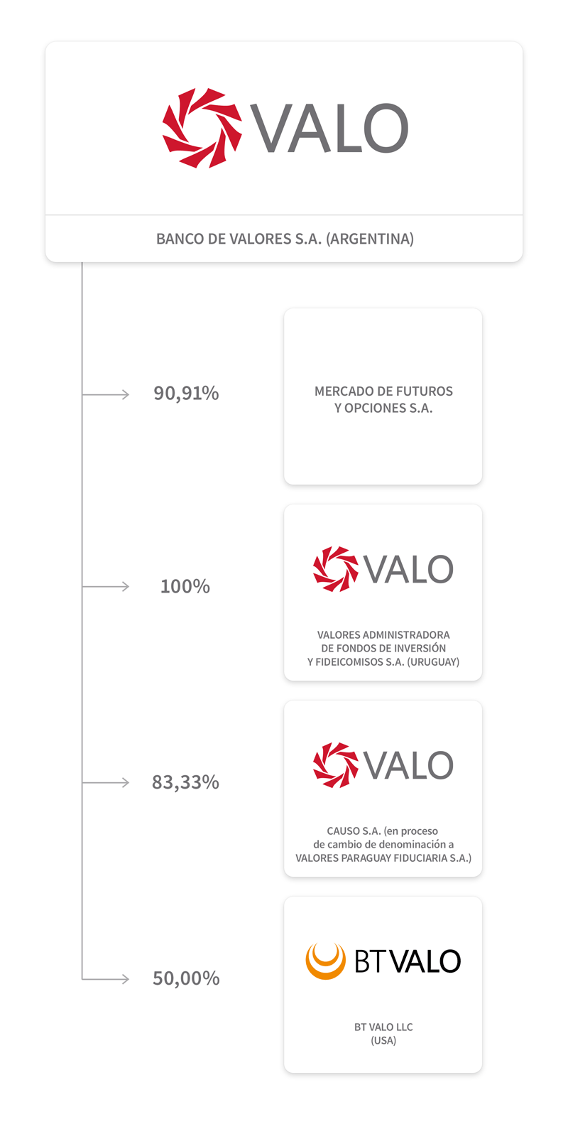 Banco de Valores S.A. posee el 90,91% de Mercado de Futuros y Opciones S.A., el 100% de Valores A.F.I.yF.S.A. (Uruguay), el 83,33% de CAUSO S.A. (Paraguay) y el 50% de BT VALO LLC (USA).