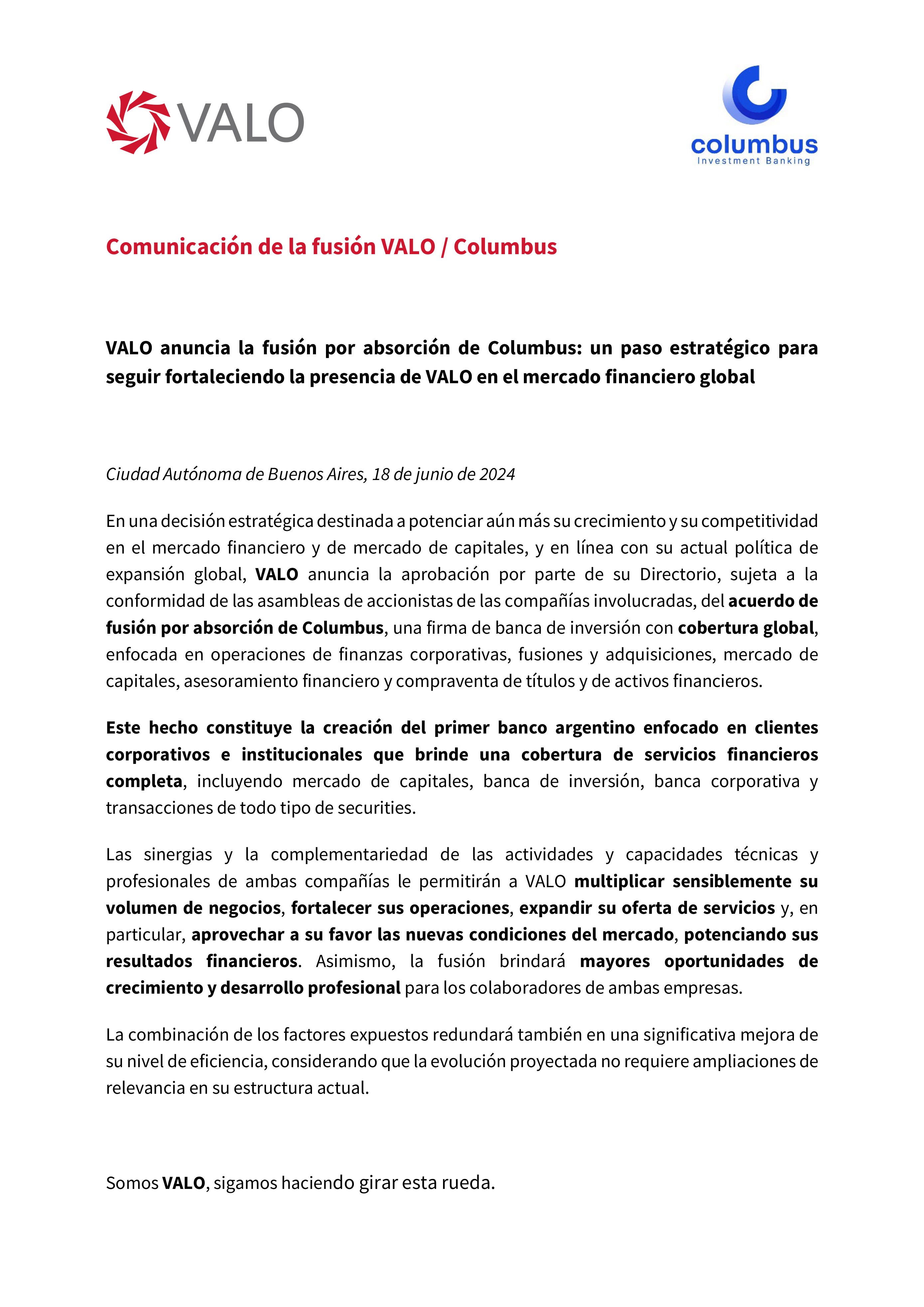 Comunicación de la fusión VALO / Columbus