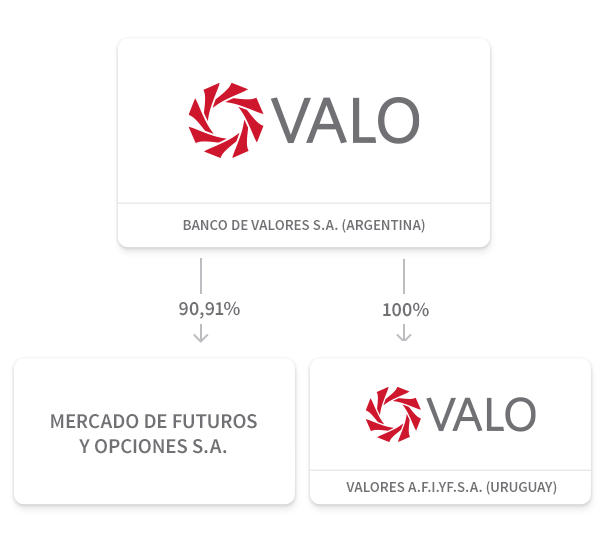 VALO (Banco de Valores S.A.) posee el 90,91% de Mercados de Futuros y Opciones S.A., y el 100% de Valores AFIYFSA (Uruguay).